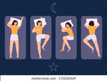 Young woman Sleeps in different poses. Sleping in bed wearing pajama. Night sky with crescent stars and moon. Sleep positions flat vector illustration. Good sleep and good help. Stay home and Relax.