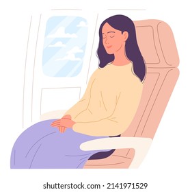 Young woman sleeps on an airplane. Vector illustration