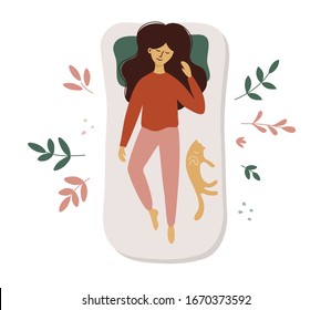 Young woman sleeps on back. Lady sleeping in different poses. Vector illustration of cute girl and cat in bed. Healthcare, time for yourself motivation poster. Sweet dream concept. Advert of mattress.