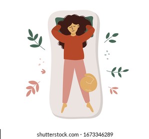 Young woman sleeps on back with hands behind head. Lady sleeping in different poses. Vector illustration of cute girl and cat in bed. Healthcare poster. Good or sweet dream concept. Advert of mattress