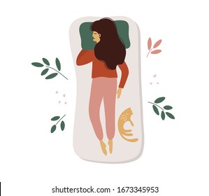 Young woman sleeps on her stomach. Lady sleeping in different poses. Vector illustration of cute girl, plants and red cat in bed. Healthcare, self care poster. Sweet dream concept. Advert of mattress.