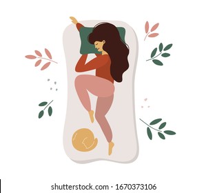 Young woman sleeps on side. Vector illustration of cute girl and cat in bed. Female character and different poses of sleeping. Sweet dream, good health, time for yourself concept. Advert of mattress.