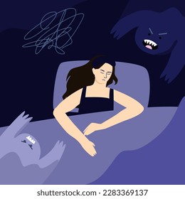 A young woman sleeps restlessly, she has a nightmare with monsters. The concept of sleep disorders, nightmares, insomnia. Flat vector illustration.
