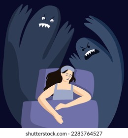 A young woman sleeps restlessly, she has a nightmare with monsters. The concept of sleep disorders, nightmares, insomnia. Flat vector illustration.
