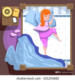 Young woman in sleepwear sleeping on a double bed. Sleeping Pose. Top View Woman. Vector illustration.