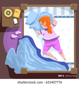 Young woman in sleepwear sleeping on a double bed. Sleeping Pose. Top View Woman. Vector illustration.