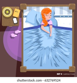 Young woman in sleepwear sleeping on a double bed. Sleeping Pose. Top View Woman. Vector illustration.