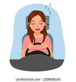 Young woman sleepy female driver falling asleep while driving a car 