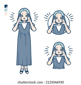 A young woman in a sleeveless dress with Calling out loud images.It's vector art so it's easy to edit.