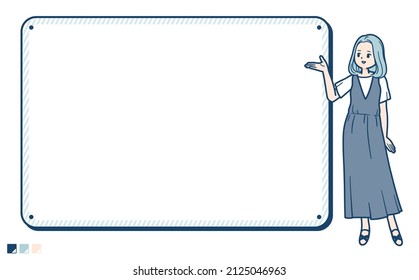 A young woman in a sleeveless dress with Frame board guide images.It's vector art so it's easy to edit.