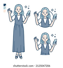 A young woman in a sleeveless dress with Holding a smartphone and doing an OK sign images.It's vector art so it's easy to edit.