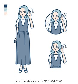 A young woman in a sleeveless dress with Listening images.It's vector art so it's easy to edit.