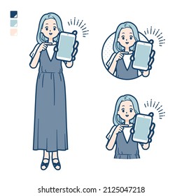 A young woman in a sleeveless dress with Offer a smartphone images.It's vector art so it's easy to edit.