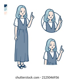 A young woman in a sleeveless dress with pointing hand sign images.It's vector art so it's easy to edit.