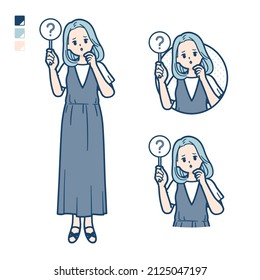A young woman in a sleeveless dress with Put out a question panel images.It's vector art so it's easy to edit.
