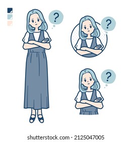 A young woman in a sleeveless dress with Question images.It's vector art so it's easy to edit.