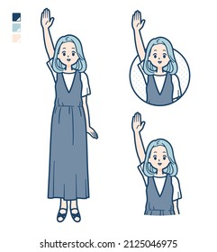 A young woman in a sleeveless dress with raise hand images.It's vector art so it's easy to edit.