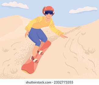 A young woman slides through the dunes on a board. Vector. Sandboarding, an active sport in the desert.