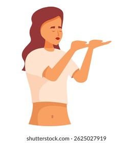 Young woman is slightly bending forward and holding her hands in front of her as if presenting something