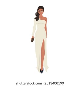 Young woman with slim body shape in evening long dress attire. Flat vector Character illustration