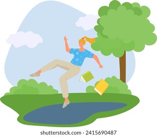 Young woman slipping near a puddle in the park, books falling. Student has an accident on a wet path, clumsy moment, outdoor mishap vector illustration.