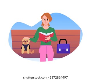 Young woman with small bulldog reading book sitting on bench. Relationship between owner and home animal. Good canine behavior. Vector isolated illustration of best friend pet. Pet city concept
