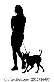 Young woman with a small dog on a white background