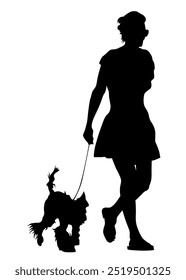 Young woman with a small dog on a white background