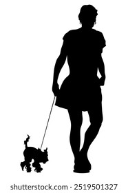 Young woman with a small dog on a white background