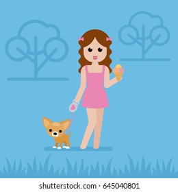 Young woman with a small dog walks in the park. Flat design. Vector illustration