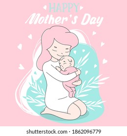 Young woman with a small newborn baby. The mother gently hugs her child and smiles. Greeting card, poster. Colorful vector illustration for the mother's Day holiday.