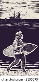 Young woman with a small surfboard and fishing schooner, sea and sea gulls. engraving style. vector illustration