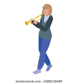 Young woman in smart casual clothes is playing a trumpet while walking