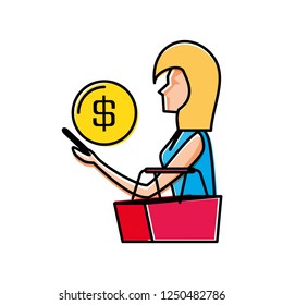 young woman with smartphone and basket shopping