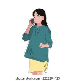 A young woman with a smartphone. Cartoon modern illustration. A woman explains something in a phone vector cartoon. Correspondence, study, social networks, blogging. The concept of communication.