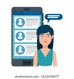 young woman and smartphone with chat vector illustration design