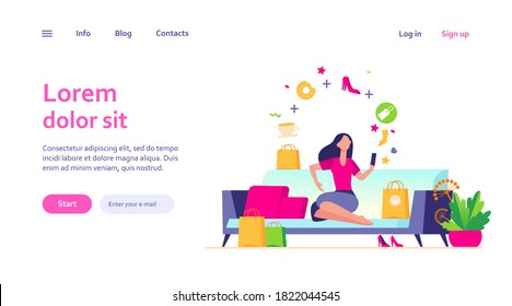 Young woman with smartphone choosing goods isolated flat vector illustration. Cartoon girl ordering food and clothes in online store. Delivery and ecommerce concept
