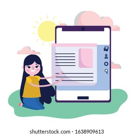 young woman smartphone content information web social media vector illustration