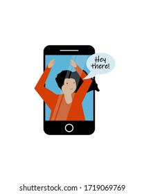 Mujer joven en ilustración vectorial plana de smartphone. Saludando al personaje de avatar.    
