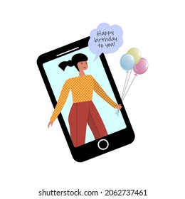 Young woman in smartphone flat vector illustration. Birthday congratulation. Avatar character.