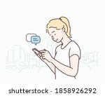 Young woman with smartphone. 
 Hand drawn style vector design illustrations.