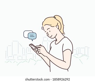 Young woman with smartphone. 
 Hand drawn style vector design illustrations.