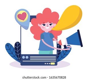 young woman smartphone marketing speaker social media vector illustration