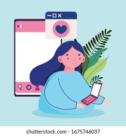 young woman with smartphone message love vector illustration