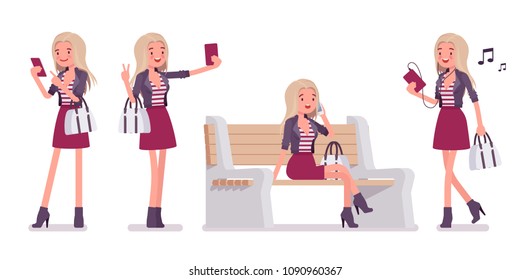 Young woman with smartphone. Millennial girl, attractive blonde lady with bag wearing trendy jacket, above knee skirt, heeled ankle boots, youth urban fashion. Vector flat style cartoon illustration