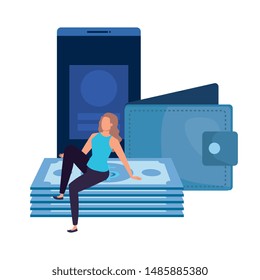 young woman with smartphone and money