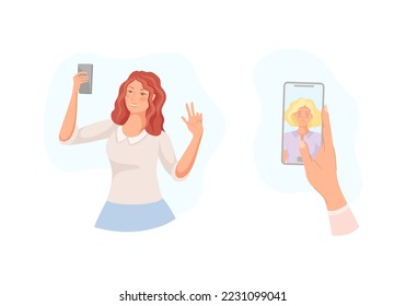 Young Woman with Smartphone Recording Video with Camera Filming Selfie Picture Vector Set