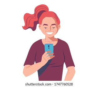 Young woman with smartphone. Red hair girl holing mobile phone in hands. Chatting online, sending messages concept. Vector character illustration.