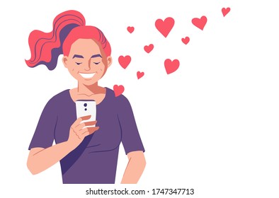 Young woman with smartphone. Red hearts symbols flying out of mobile phone. Sending messages, love online concept. Getting likes in social media. Vector character illustration.