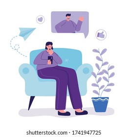 Young Woman With Smartphone Sitting On Sofa Chatting Vector Illustration